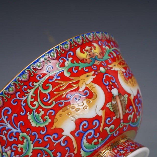 Mid 20th Century Enameled 6 Porcelain Bowls With Box – Famille Rose Style Deer & Floral Motif - 7 pcs For Sale - Image 13 of 18