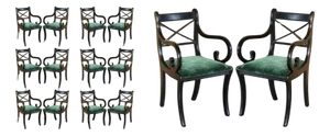 Vintage English Regency Green Velvet Dining Chairs, Set of 14