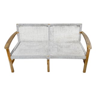 Boho Danish Modern Bleached/ Weathered Teak & Woven Rope Settee For Sale