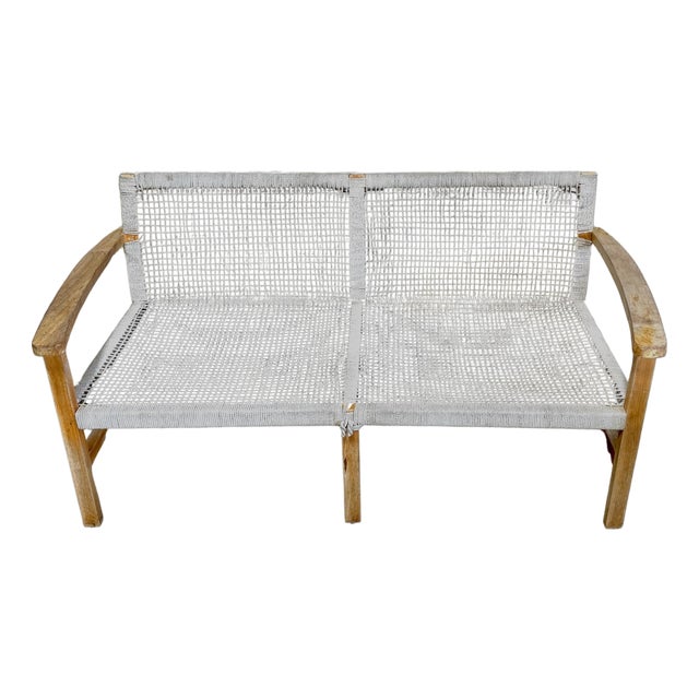 Boho Danish Modern Bleached/ Weathered Teak & Woven Rope Settee For Sale