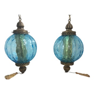 Blue Glass Swag Hanging Lights - Pair For Sale