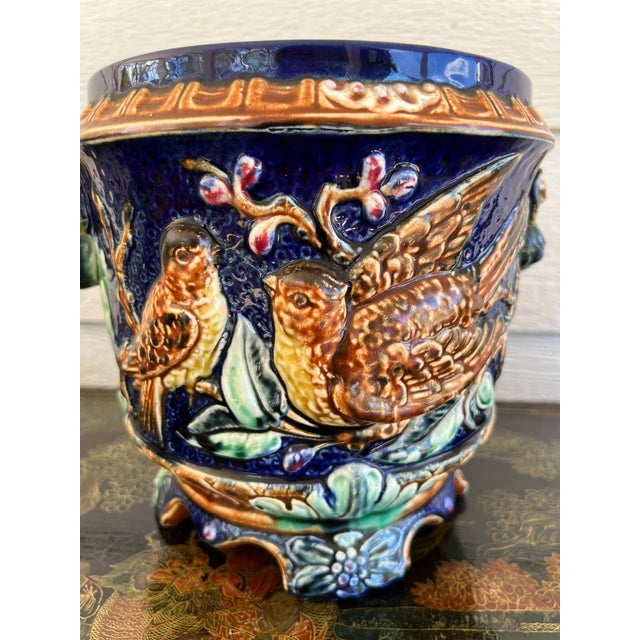 Antique Majolica Bird Planter Cache Pot Jardinière Cobalt Blue Wasmuël C1890 For Sale - Image 13 of 18