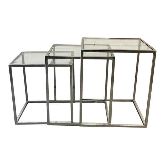 Set of 3 Vintage Mid Century Modern Chrome & Glass Nesting Tables For Sale