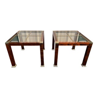 1970s Faux Tortoiseshell Smoked Glass and Brass Side Tables- A Pair For Sale