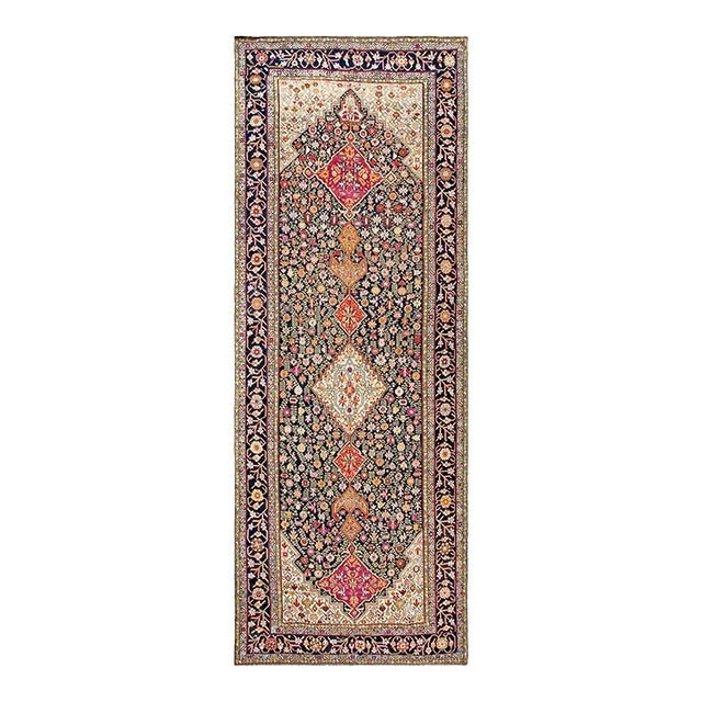Beautiful Ivory With Black Border With One Diamond on the Center in a Geometric Design Antique Caucasian Karabagh Gallery Rug For Sale