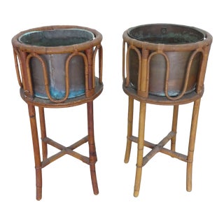 Fab 1930's Rattan Planters With Copper Liners For Sale