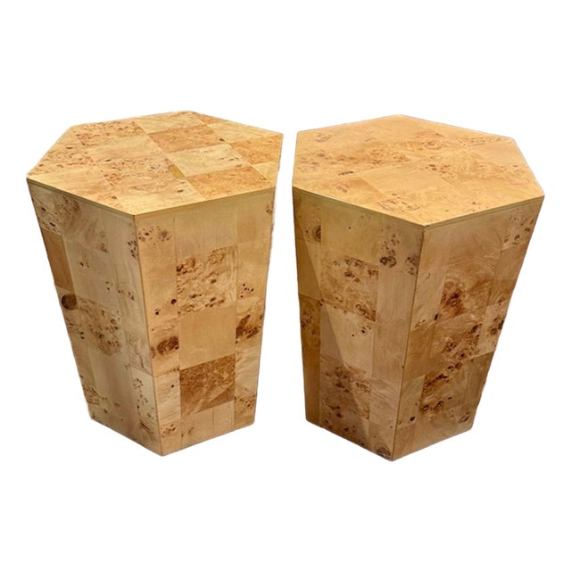 Pair of Italian MCM Burl Elm Hex Tables For Sale