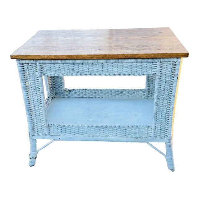 Vintage 1950s Oak Wood & White Wicker Rectangular Table For Sale