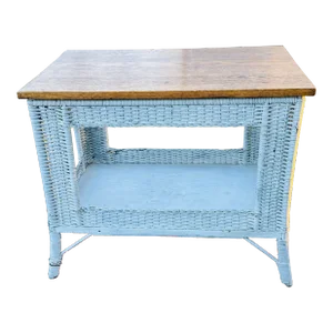 Vintage 1950s Oak Wood & White Wicker Rectangular Table