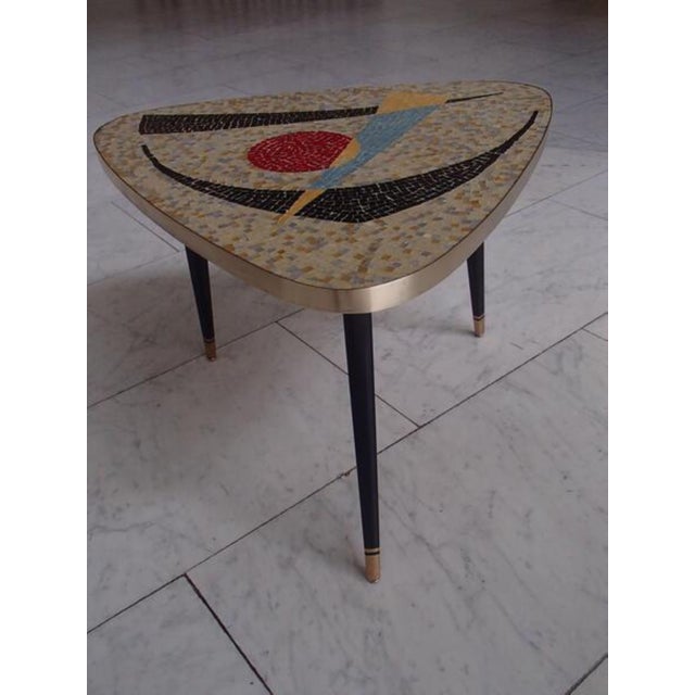 Triangular Mosaic Table with Brass Trim and Black Feet, 1950s, in Very Good conditions. Designed 1950 to 1959