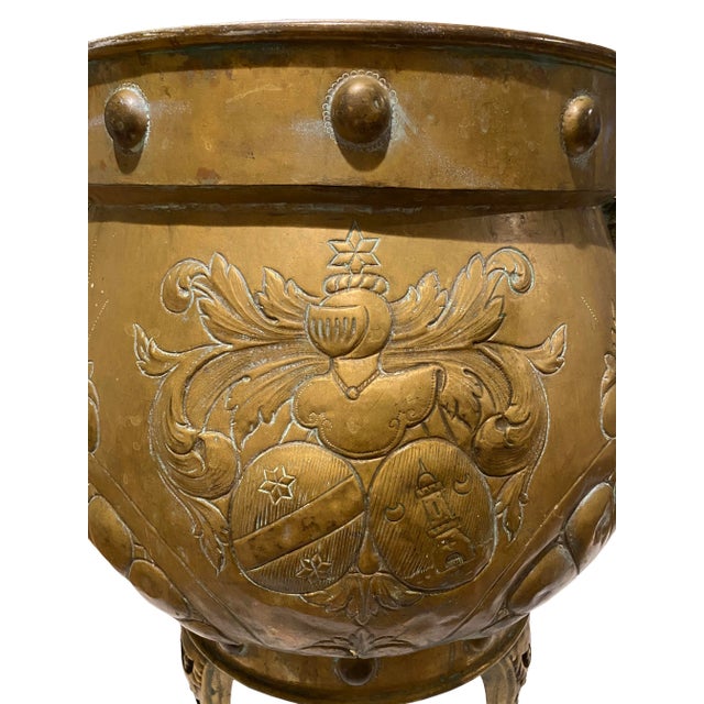 Metal Rare, Large Antique English Jardinière With Brass Etchings and Lion Heads For Sale - Image 7 of 13