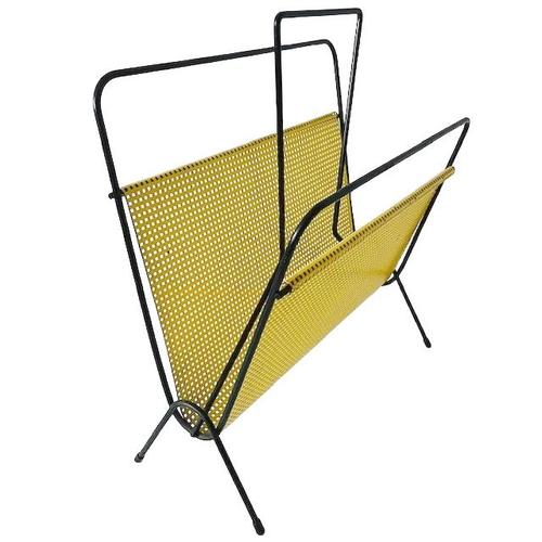 Vintage mid-century Pilastro Pop Art magazine rack, made of perforated metal with yellow and black wire from the 1950s....