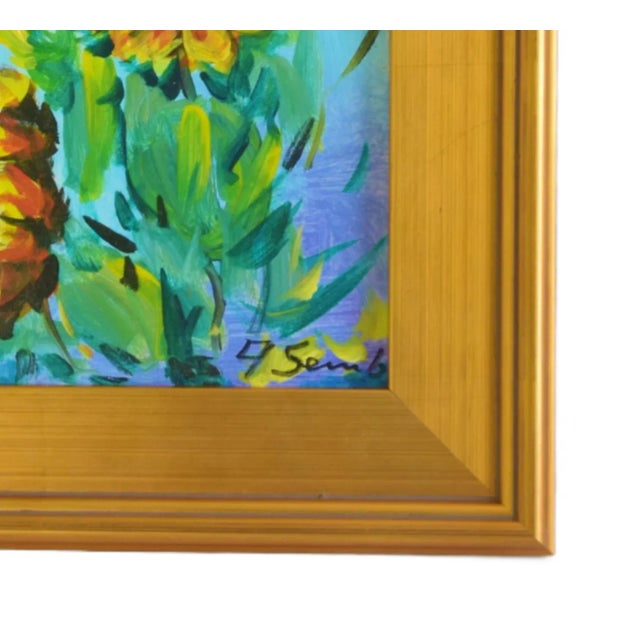 Yellow Impressionist Yellow Sunflowers Floral Oil Painting Including the Antiqued Gold Wood Frame For Sale - Image 8 of 10