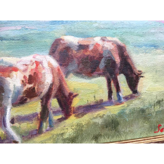 Textile Framed Original Painting Landscape With Cows by Artist Valeriya Serova For Sale - Image 7 of 8