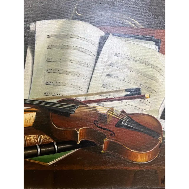 Realism Still Life Violin & Sheet Music Oil on Canvas Signed Hessler, Framed 1900's For Sale - Image 3 of 11