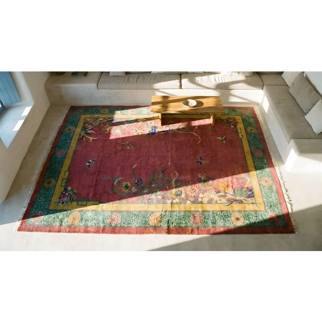 1920s Fuschia Floral Modern Antique Chinese Art Deco Rug 8'9" X 11'6" Handknotted Wool Carpet For Sale - Image 15 of 16