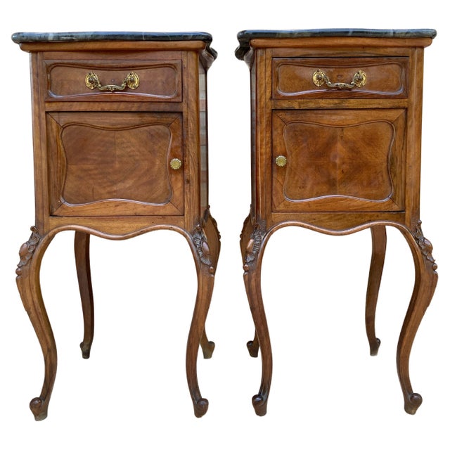 Louis XV Style Walnut Nightstands with Marble Top, 1930s, Set of 2 For Sale - Image 9 of 18