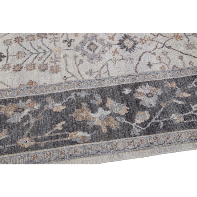 Gray Apadana's Artisan Collection Handmade Floral Wool Rug For Sale In New York - Image 6 of 11