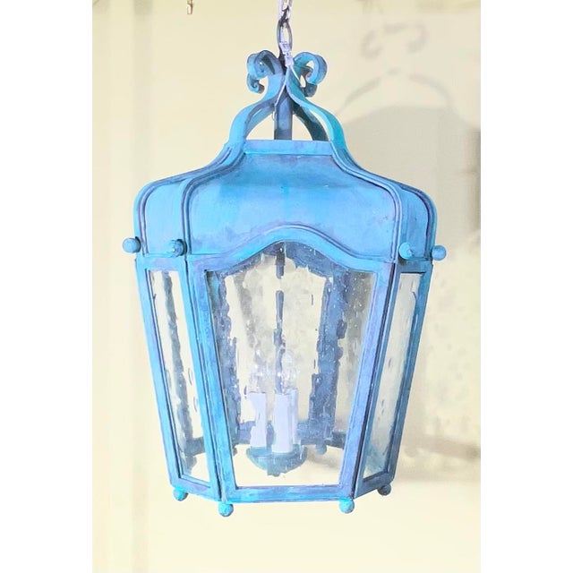 Exquisite Vintage Verdigris Hand -Forge Iron Hanging Lantern For Sale - Image 10 of 18