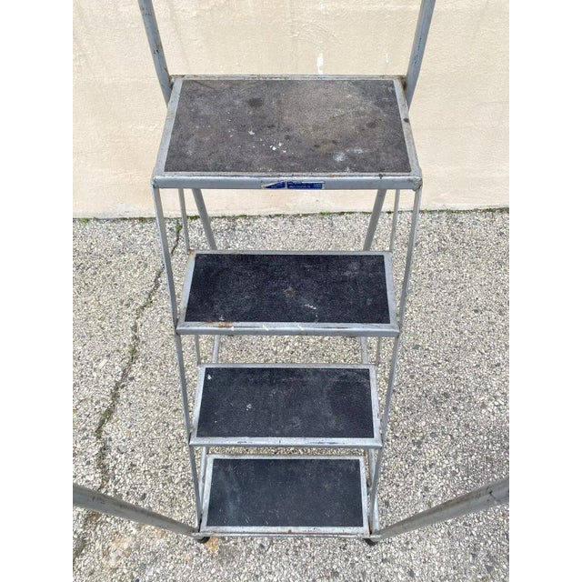 Vintage Ballymore Warehouse Garage 4 Step Metal Rolling Safety Ladder With Rails For Sale - Image 4 of 10