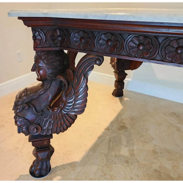 Antique Italian Renaissance Revival Library Dining Table Marble & Mahogany For Sale - Image 4 of 13