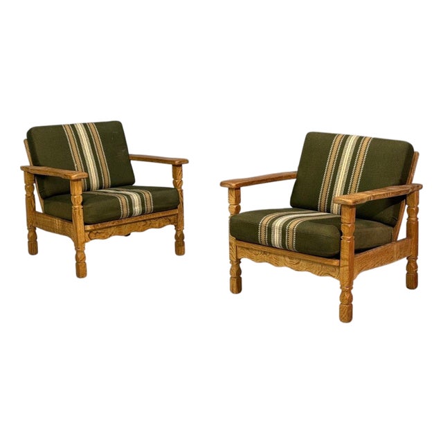 Henning Kjaernulf Style, Lounge Chairs, Oak, Fabric, Denmark, 1970s For Sale