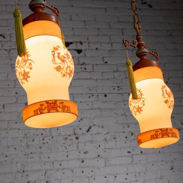 White Early 20th Century Chinoiserie to Art Deco to Art Nouveau Pendant Lights Hand Painted Avian a Pair For Sale - Image 8 of 18