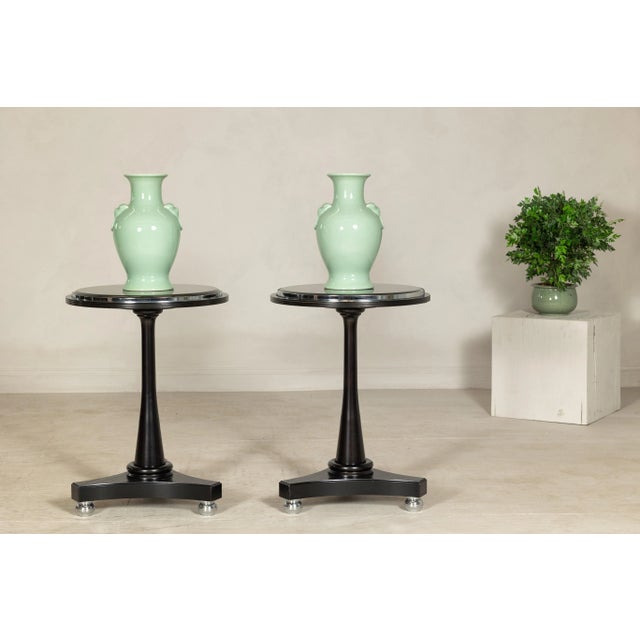 Late 20th Century Black Marble Top Gueridon Tables with Silver Metal Ball Feet - A Pair For Sale - Image 5 of 12