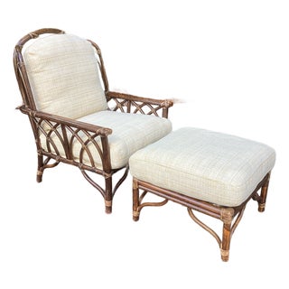 Vintage McGuire Rattan Lounge Chair and Ottoman With New Upholstery For Sale