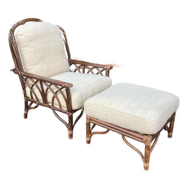 Vintage McGuire Rattan Lounge Chair and Ottoman With New Upholstery For Sale