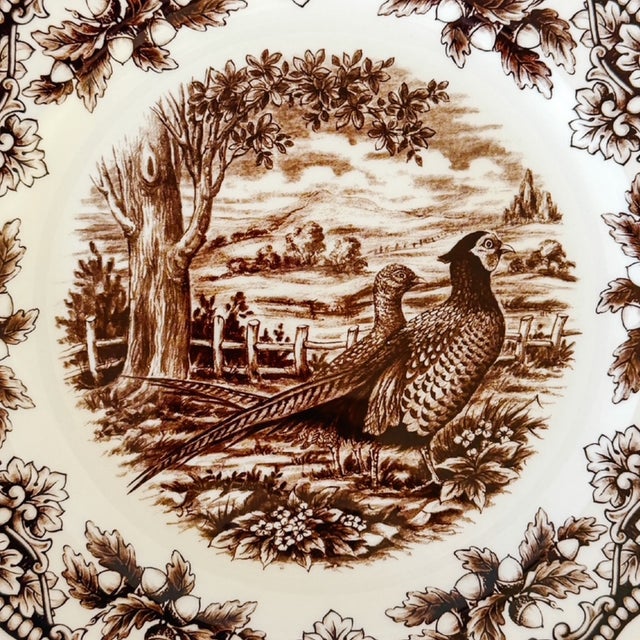 English Royal Stafford English Brown Transferware Pheasants & Acorns Thanksgiving Dinner Plates - Set of 12 For Sale - Image 3 of 7