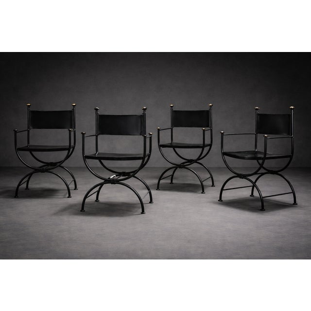 Iron & Leather Curule Armchairs — Set of Four, Sold in Pairs or as a Complete Set For Sale In New York - Image 6 of 9