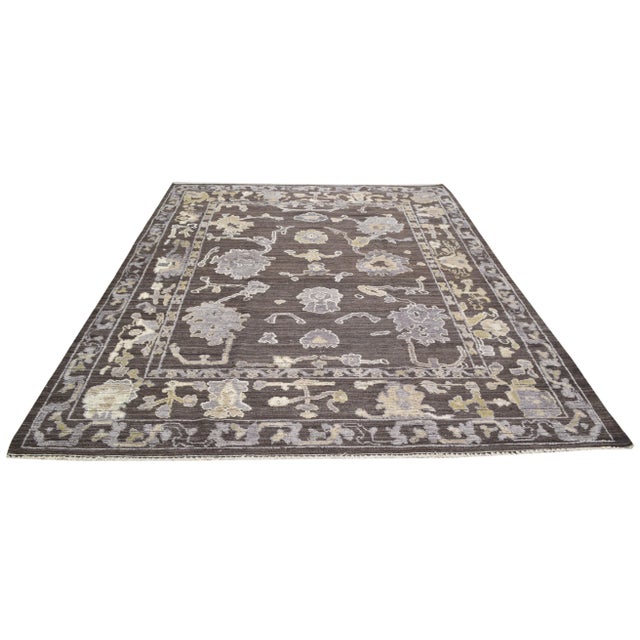 Turkish Oushak hand knotted rug with natural colors, contemporary style and soft texture.