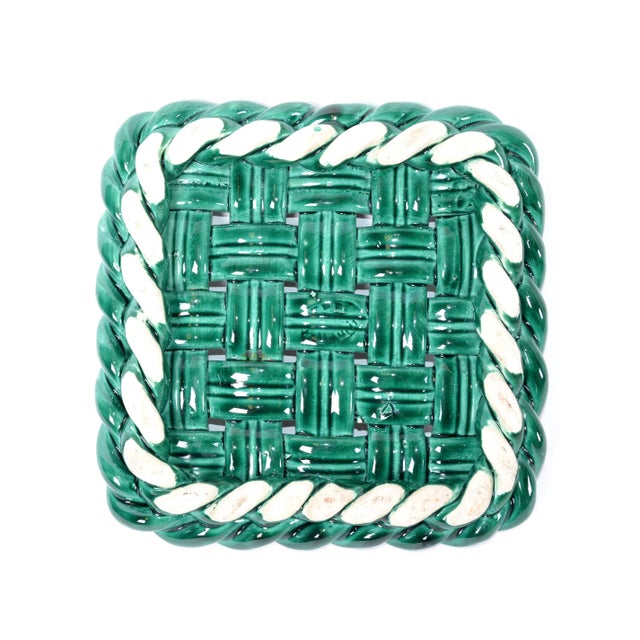 Vallauris France Glazed Ceramic Woven Green Trivet Mid-Century Modern Pottery For Sale - Image 9 of 13