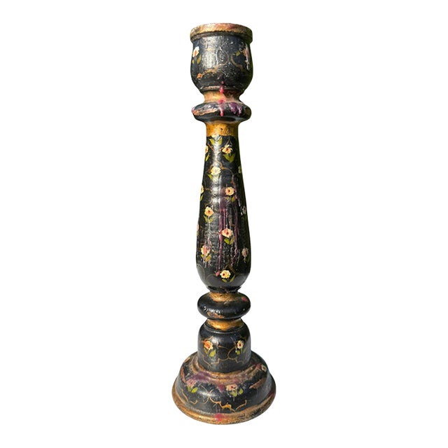 Vintage Hand-Painted Floral Folk Art Candlestick Sculpture For Sale