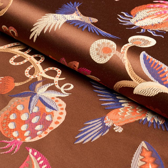 2020s Schumacher Birds Of Paradise Fabric In Chestnut For Sale - Image 5 of 6