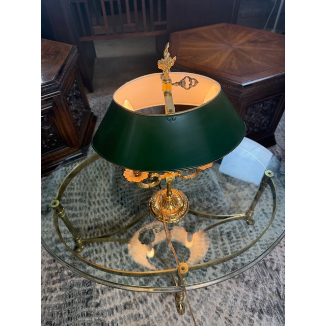 Metal Vintage French Empire Style Brass Bouillotte Table Lamp With Green Tole Shade For Sale - Image 7 of 12
