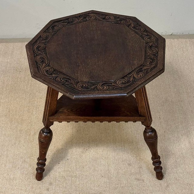 Antique English Nine Sided Carved Oak Spool Leg Occasional Table For Sale - Image 14 of 17