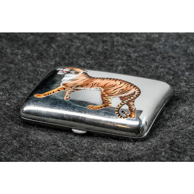Fierce Hand Painted Enamel Tiger Antique Sterling Silver Luxury Cigarette Case Holder Tobacciana For Sale - Image 10 of 18