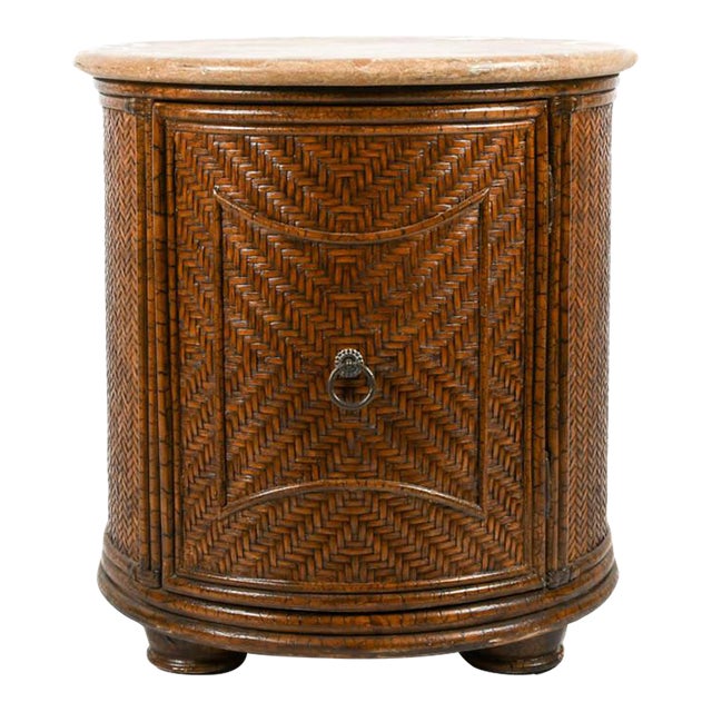 Woven Bamboo Cylinder Side Table With Travertine Top, Coastal Organic Style For Sale