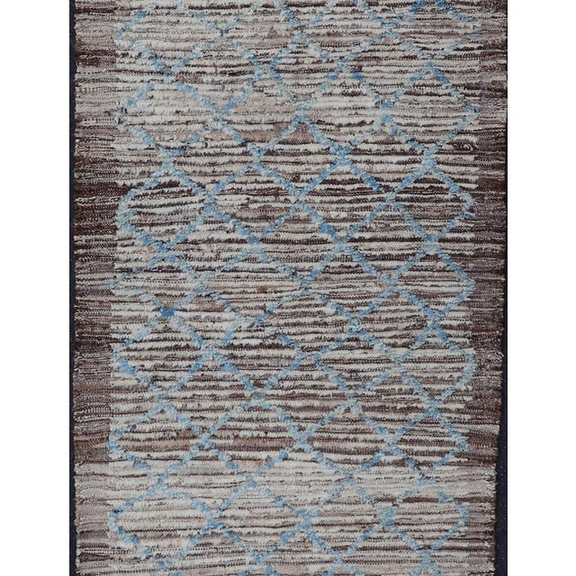 Abstract Modern Runner in All-Over Design in Cream, Sky Blue Color on a Brown Background For Sale - Image 3 of 13