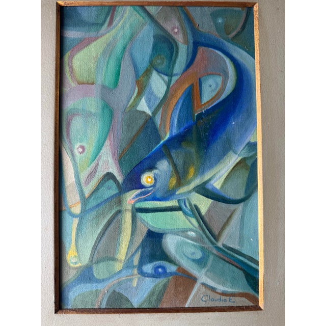 Abstract Vintage Brazilian Abstract Fish Oil on Canvas Painting, Signed Claudia E., Framed For Sale - Image 3 of 8