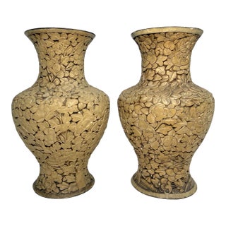 Pair of Antique Handmade Chinese Carved White Lacquer Cinnabar Floral Vase Urn For Sale