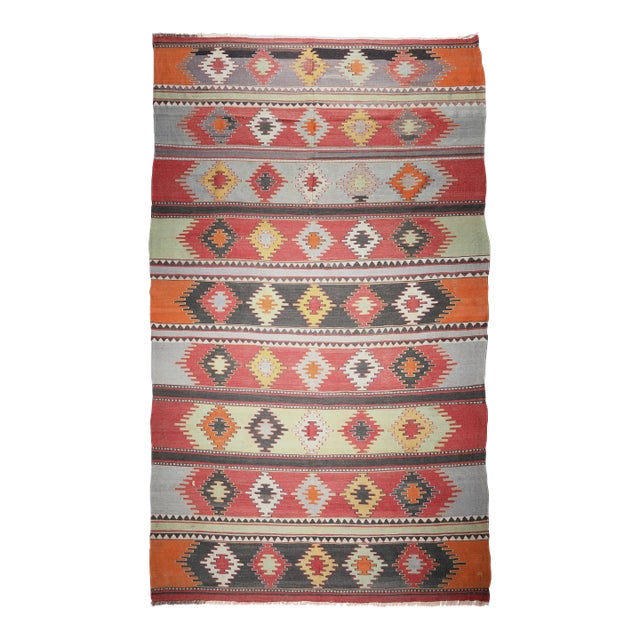 1950s Multi Soft Colors Vintage Turkish Kilim Rug-5' 7'' X 10' 7'' For Sale