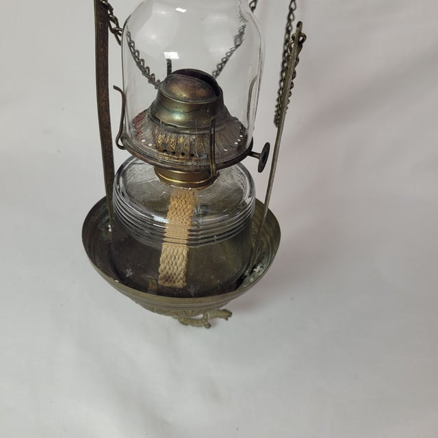 Ruby Red Antique Ruby Red Glass Hanging Oil Lamp Macbeth Pearl Glass Chimney Brass Trim For Sale - Image 8 of 13