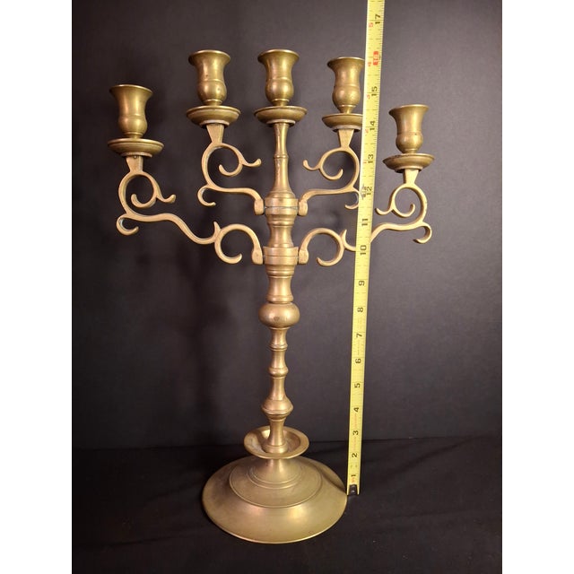 Rococo Antique Polish Brass 5 Light Sabbath Candelabra 19th C Judaica Menorah Candle For Sale - Image 3 of 18