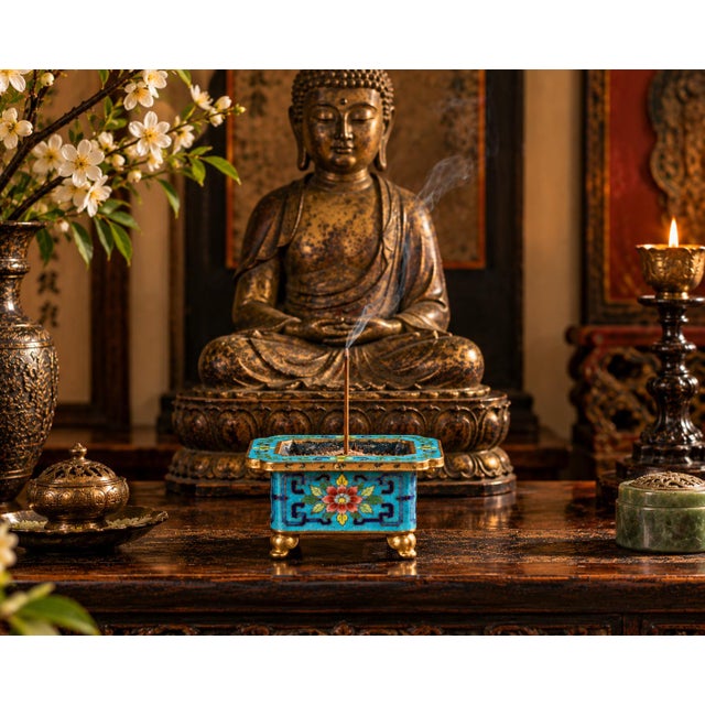 Chinese Chinese Antique Cloisonne Censer Brass Incense Burner Turquoise Enamel For Sale - Image 3 of 13