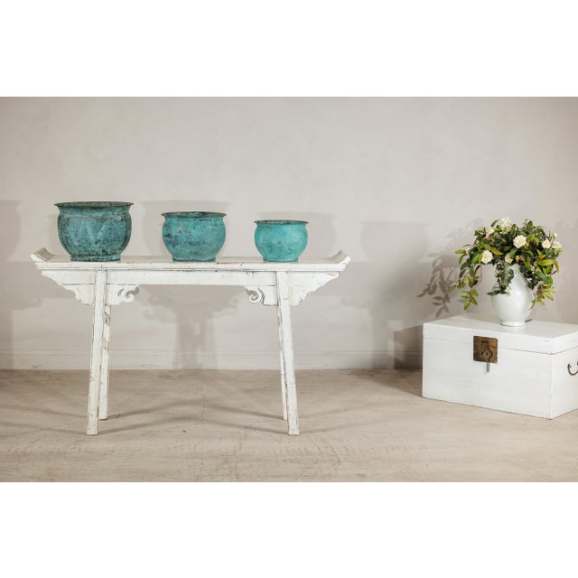 Vintage Indian Copper Cachepots with Aged Turquoise Patina -Set of 3 For Sale - Image 18 of 18