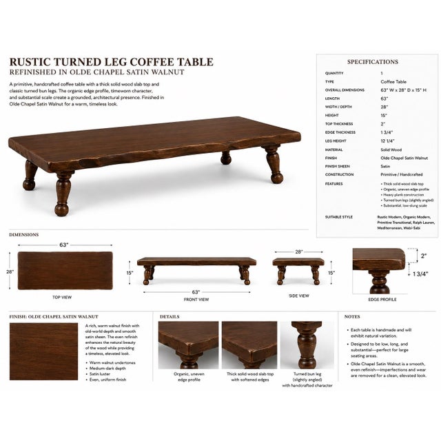 Rustic European Late 20th Century Rustic Primitive Solid Wood Coffee Table — Refinished in Old Chapel Satin Walnut For Sale - Image 3 of 5