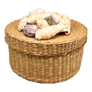 Vintage Woven Basket Box With Seashell-Adorned Lid — Coastal / Bohemian For Sale